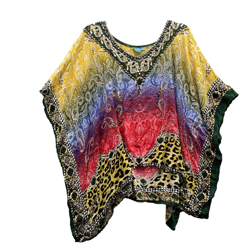 Aqua Blue Poncho Cape Shawl Cover‎ Up Studded Cheetah Maximalist Y2k Boho Beach